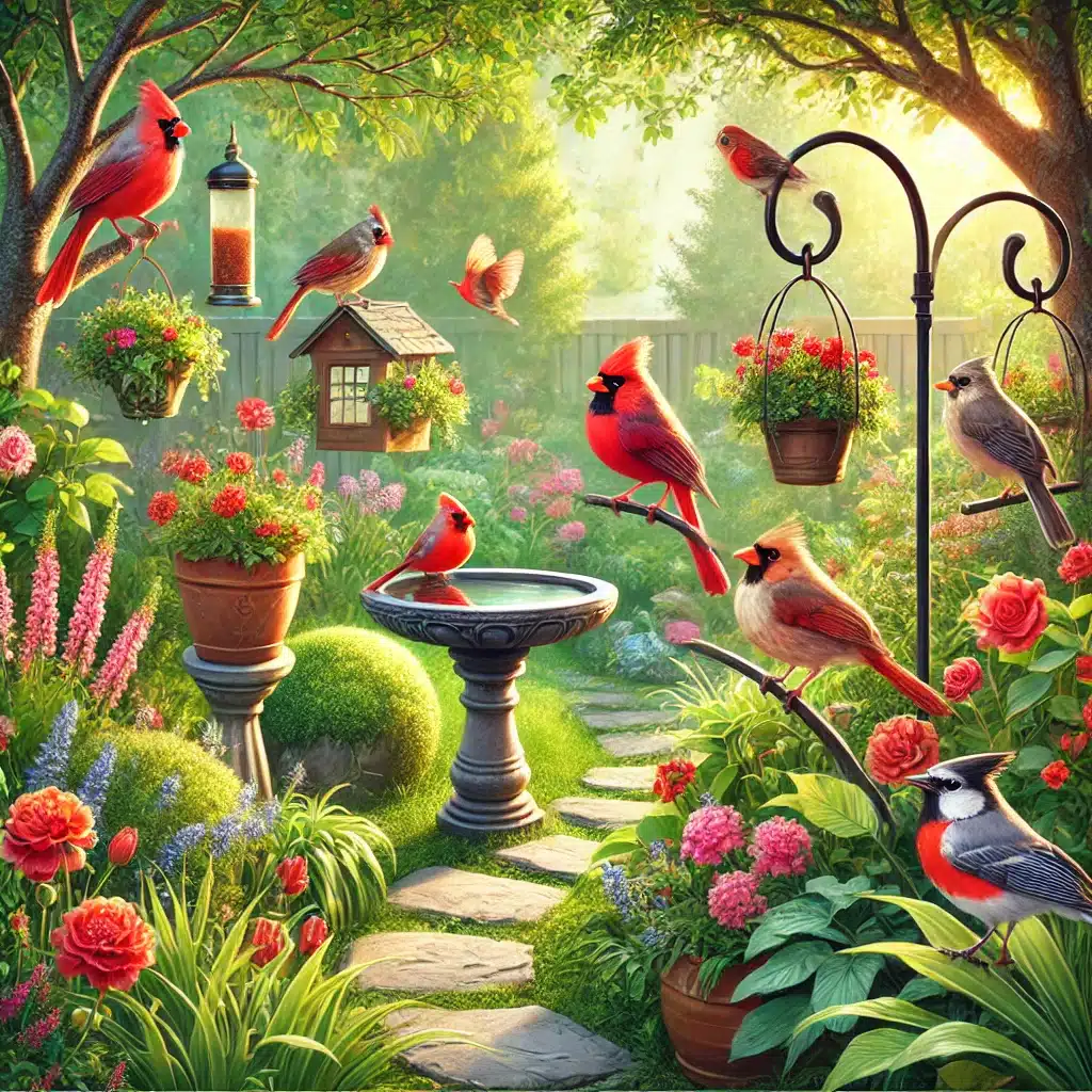 a bird bath in a garden, surrounded with cardinals and robins 