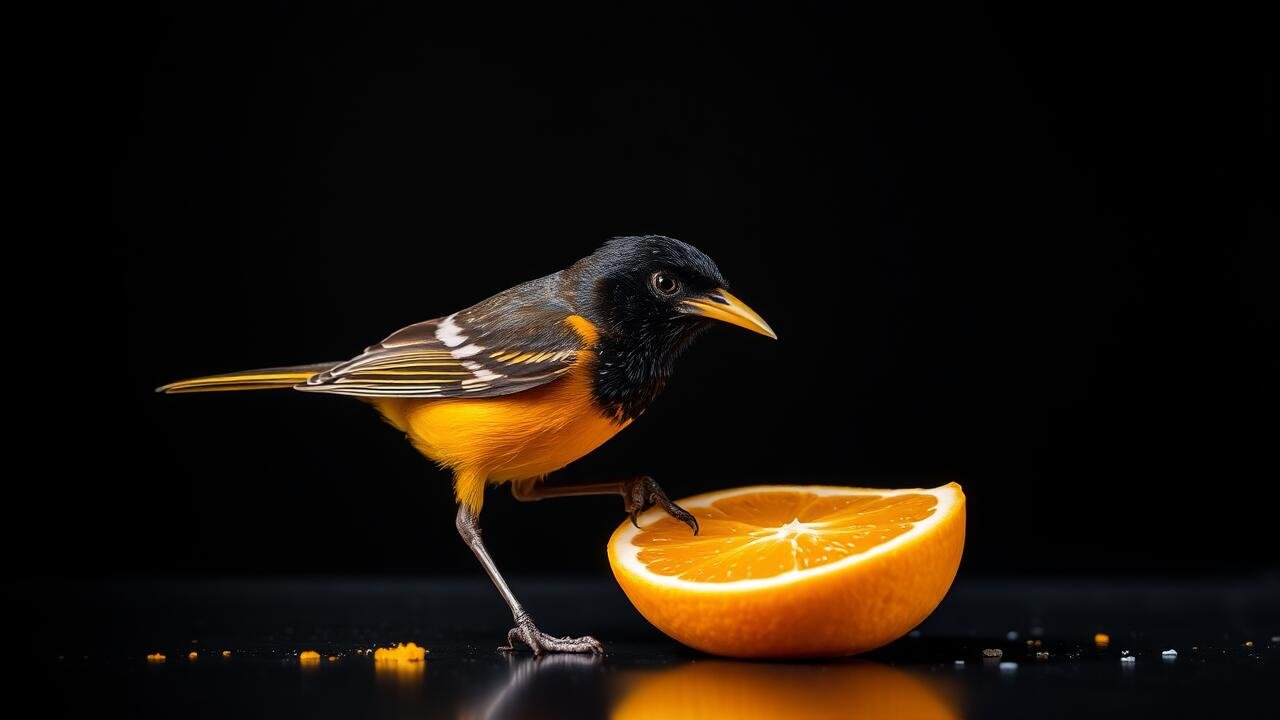 Oriole eating an orange slice