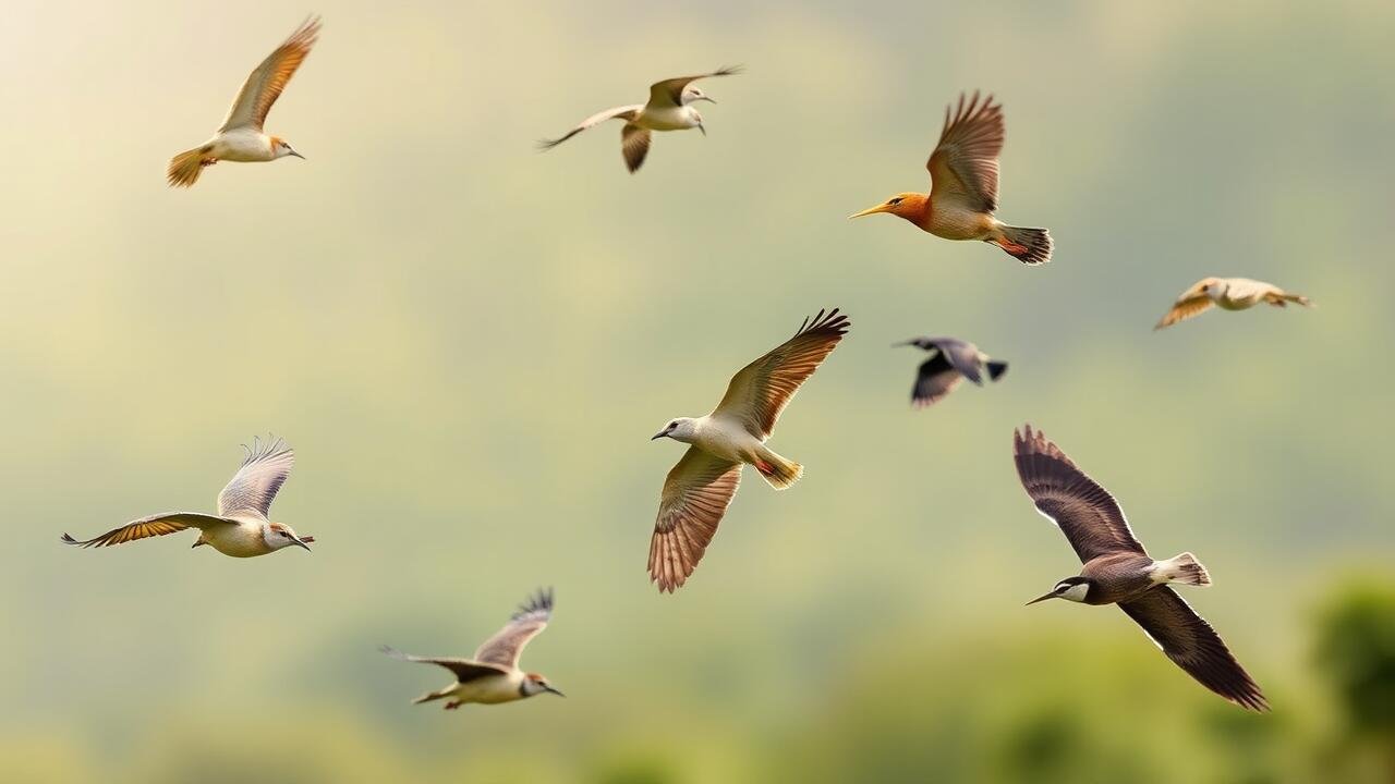 Multiple bird species flying in nature