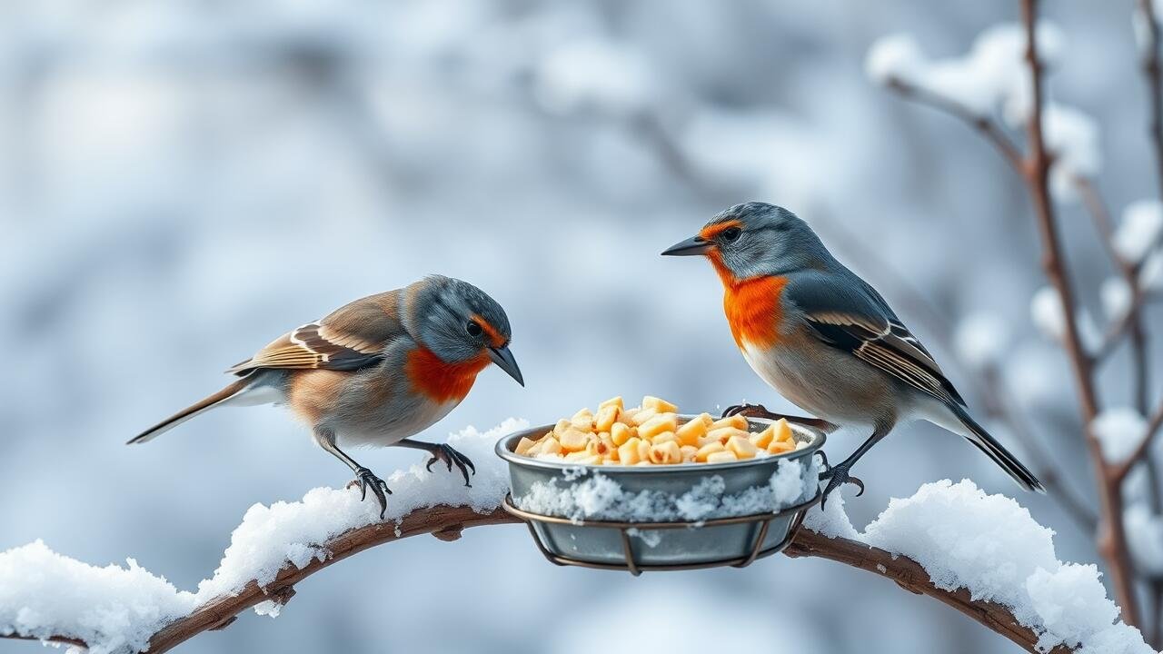 Beautiful wild birds eating food in a snowy backyard