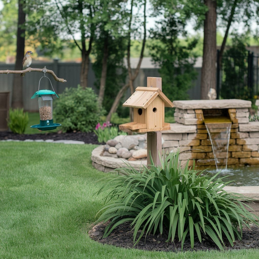 a bird on a branch with a bird feeder in the air