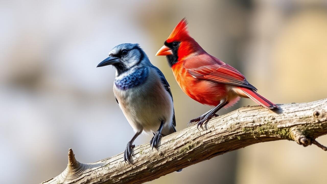 Blue jay and cardinal sitting on a tree branch