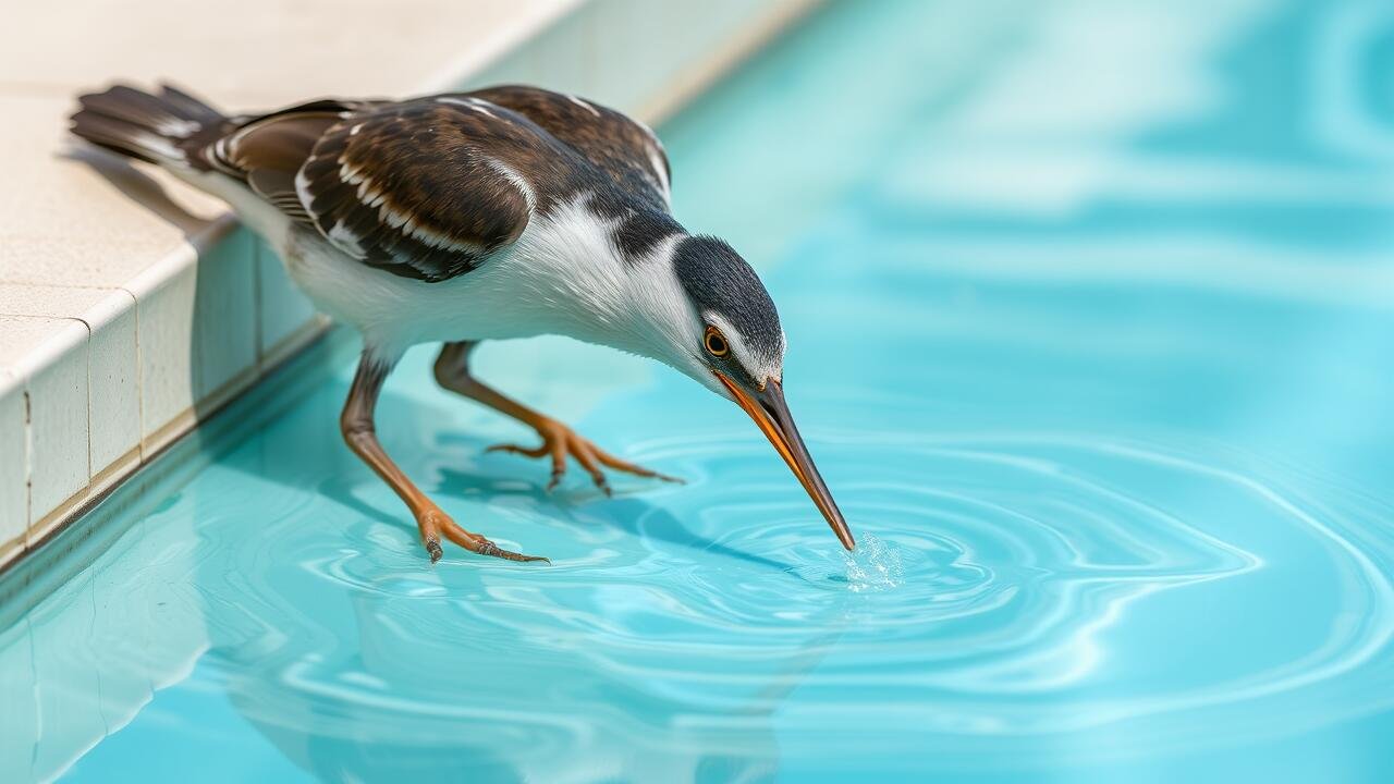 Bird drinking from a swimming pool