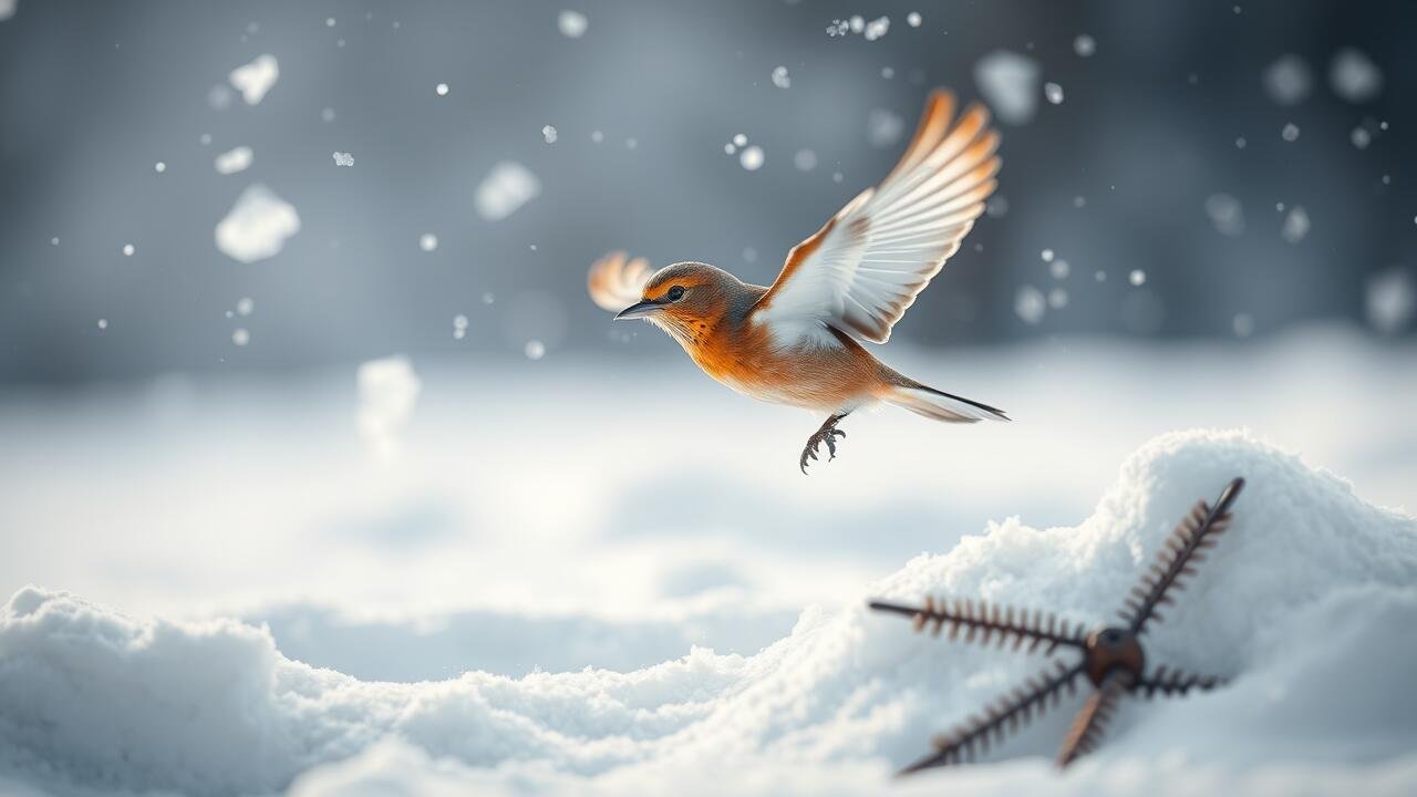 Bird flying in the snow