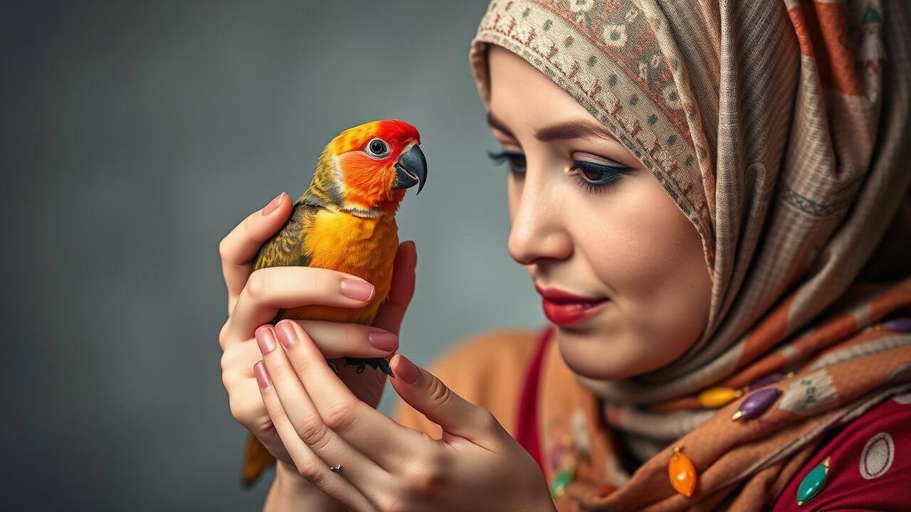 Woman petting a pet bird