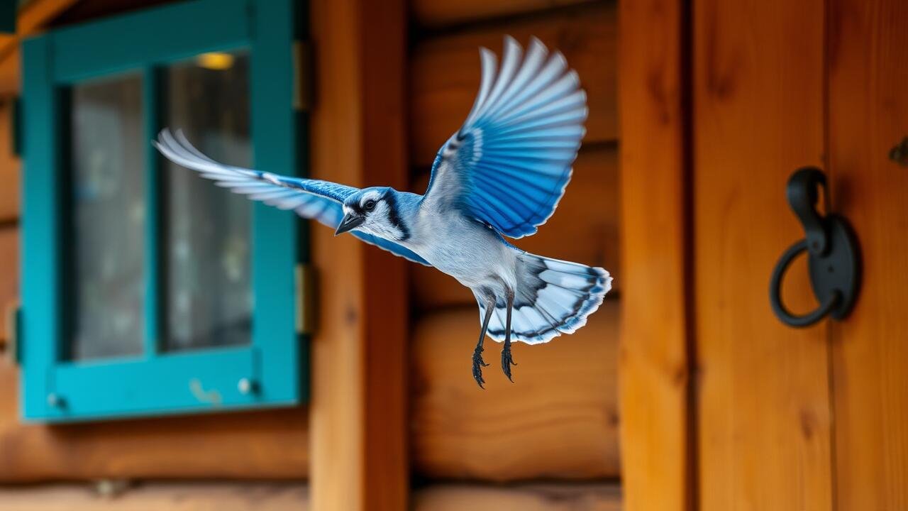 Blue jay flying inside a house