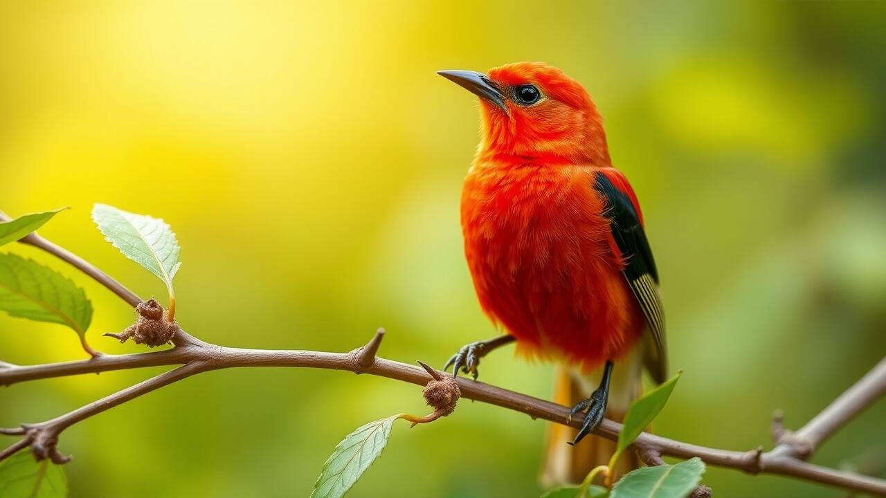 Beautiful Scarlet Tanager in a backyard