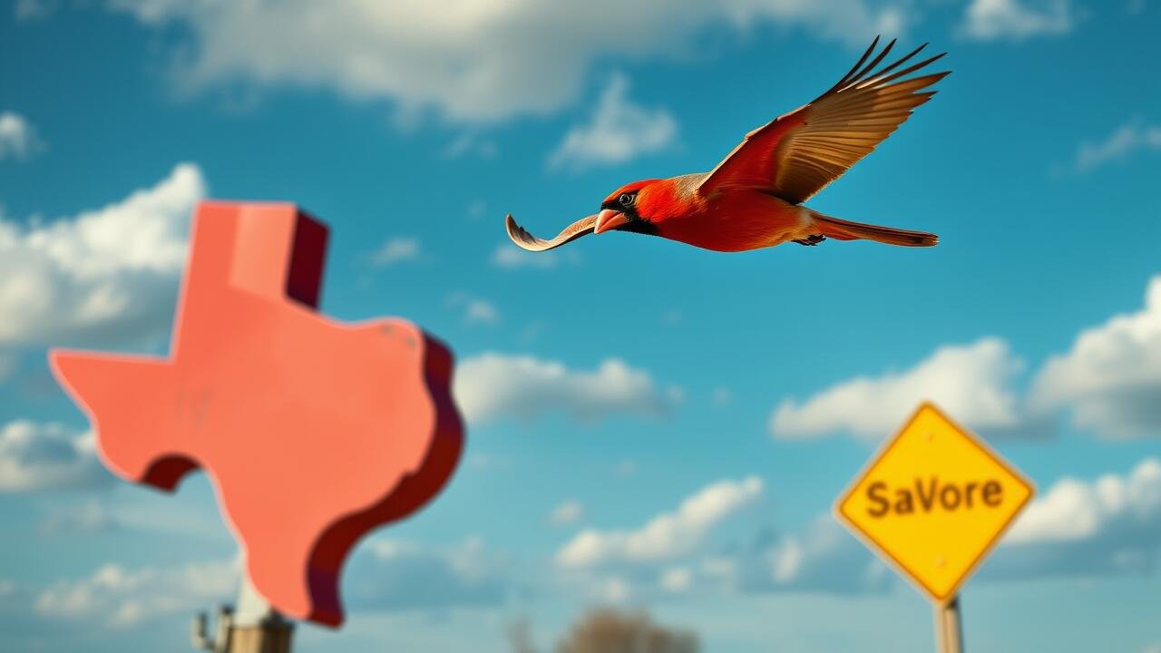 Cardinal flying near Texas sign