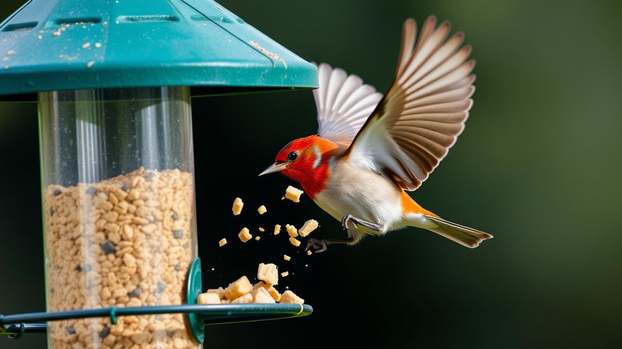 bird tossing food from feeder